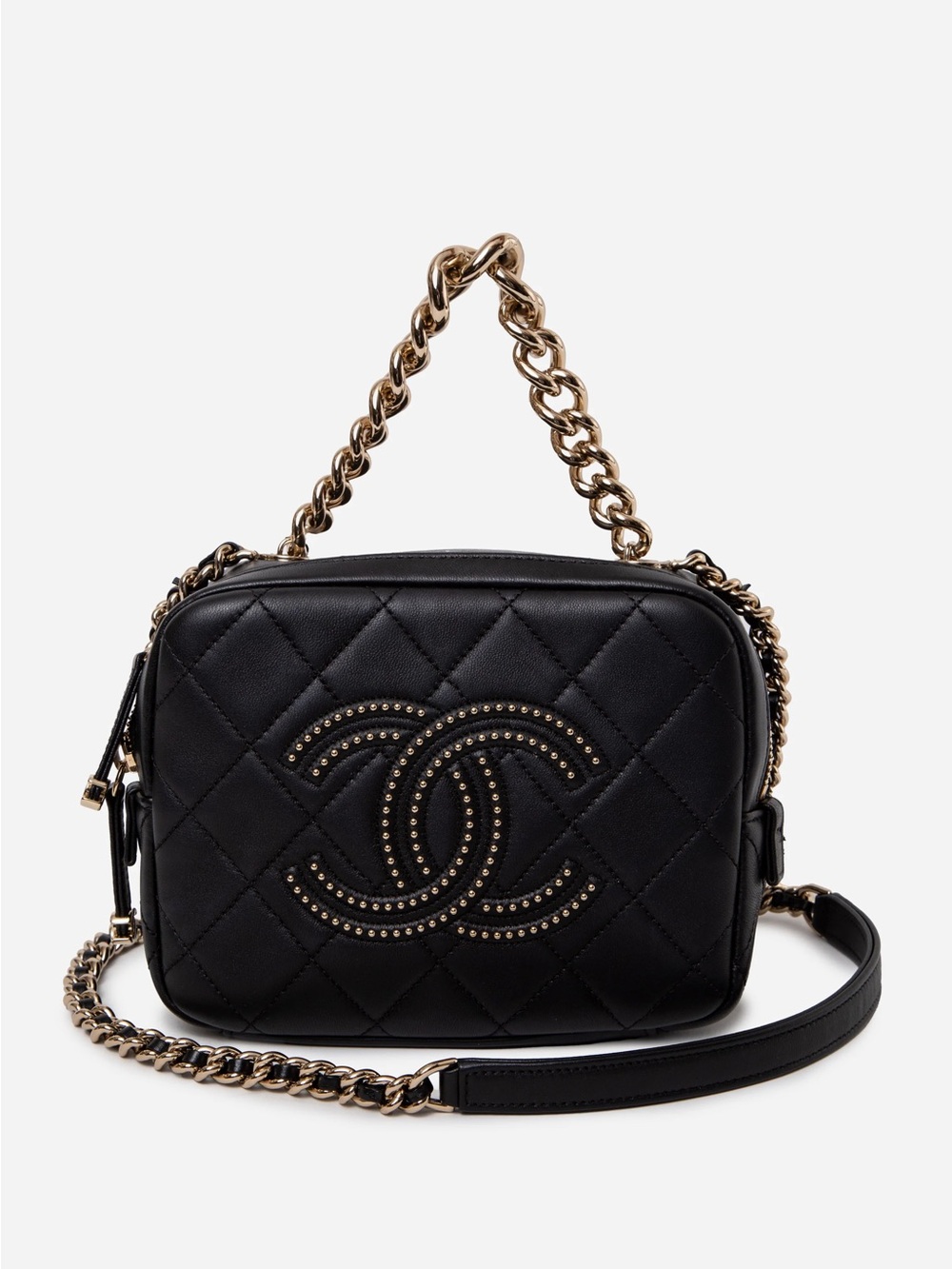 Pre-Owned Chanel Lambskin Quilted Studded Beauty Begins Bag Black